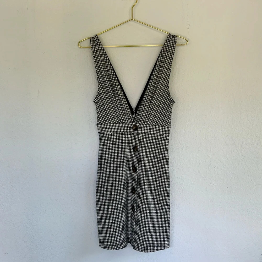 Topshop Plaid Stretch Low V Knit Button Up Dress US 2